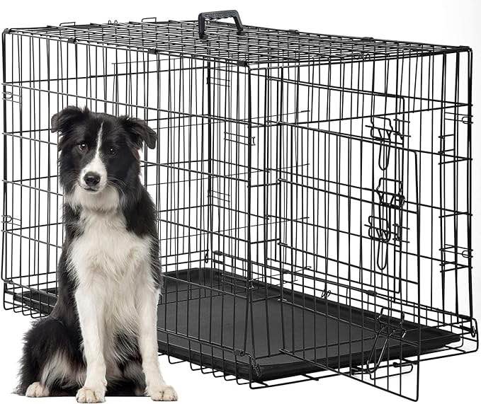 FDW Dog Crate Dog Cage Pet Crate for Large Dogs 48Inch Folding Metal Pet Cage Double Door W/Divider Panel Indoor Outdoor Dog Kennel Leak-Proof Plastic Tray Wire Animal Cage