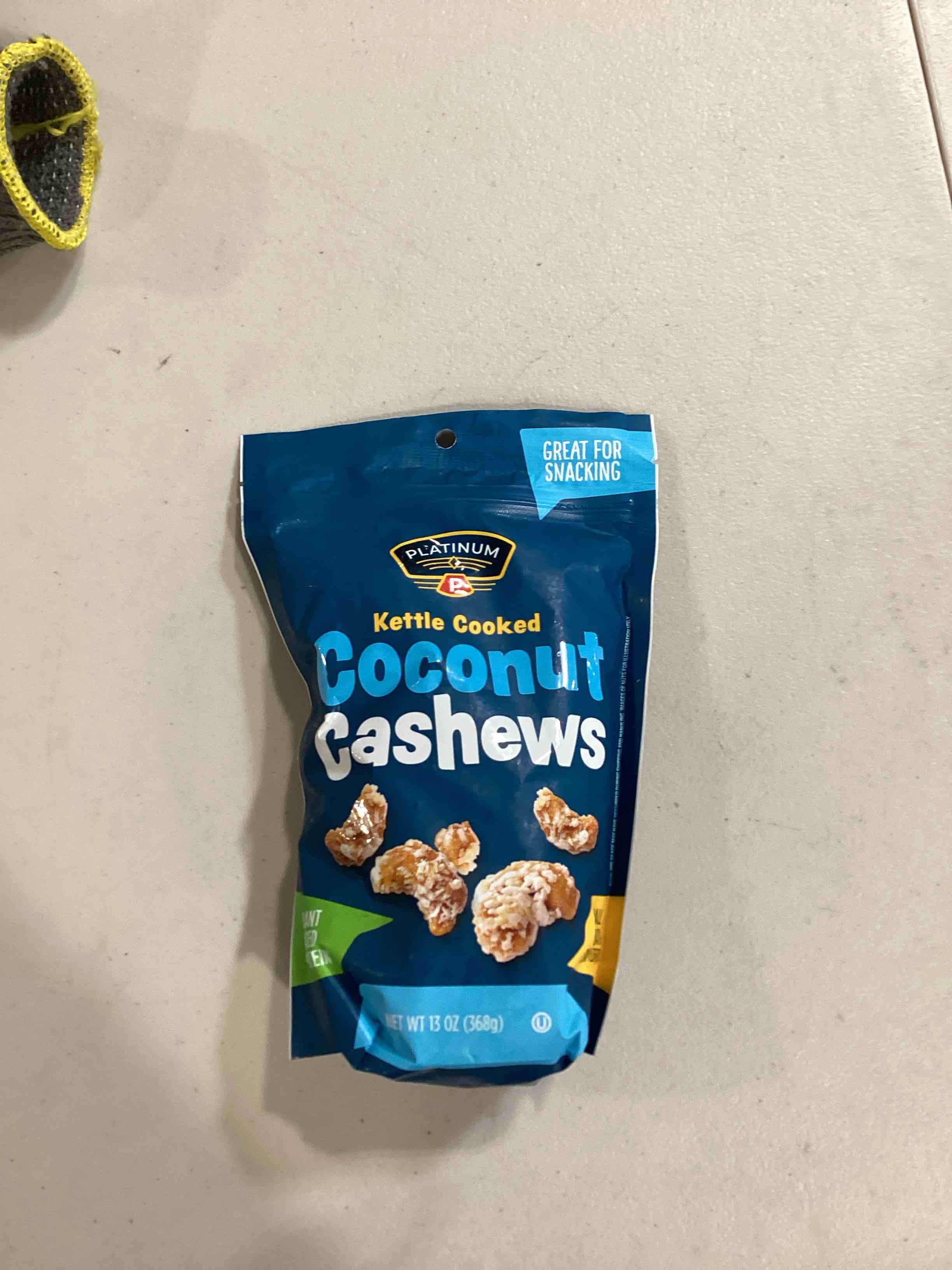 Platinum Kettle Cooked Coconut Cashews - Plant Based Protein, Fiber, Healthy Snack - Wholesome Nutritional Boost - Can Bring at Home, Work, Office, Gym & School - 13 oz Individual & Resealable Pouch