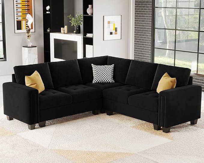 Belffin Velvet Modular Sectional Sofa Convertible Sectional Sofa Couch with Reversible Chaise L Shaped 4 Seater Corner Sofa Couch Black (incomplete )BL01-B00572