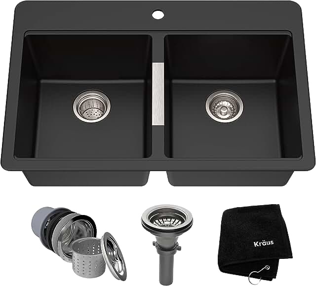 KRAUS 33 inch L Dual Mount 50/50 Double Bowl Granite Kitchen Sink w/ Top Mount and Undermount Installation in Black Onyx