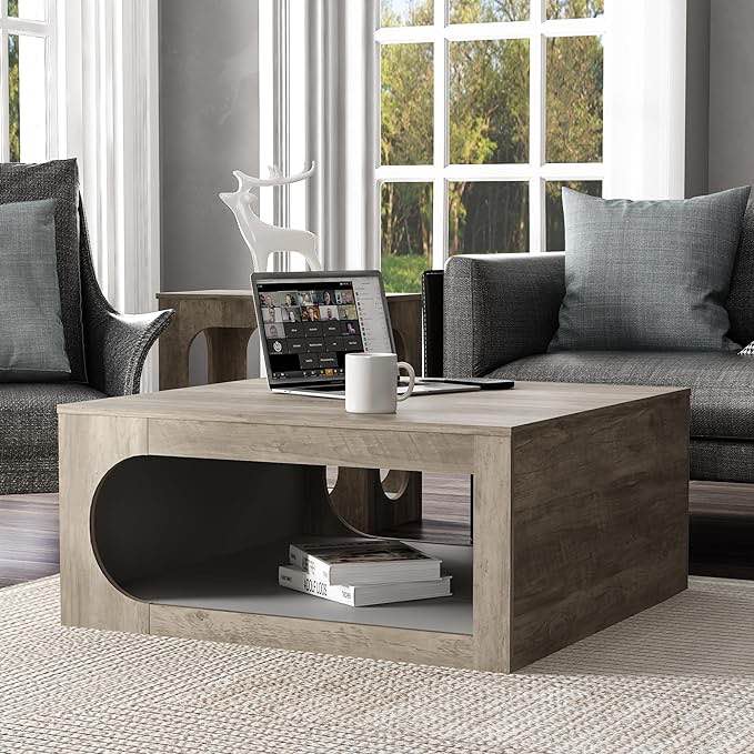 Coffee Table, Modern Top Rectangular Coffee Table with Storage Drawer, 2 Tier Center Table for Living Room, Office/ dark gray 