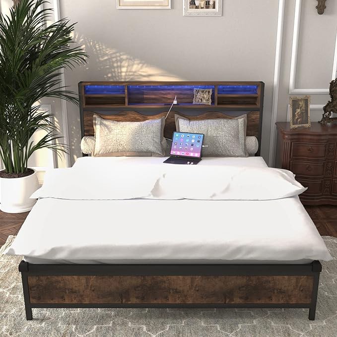 Full Size Bed Frame with Storage Headboard & USB-C/A Charging Station, Metal Platform Bed, No Box Spring Needed, Vintage Brown