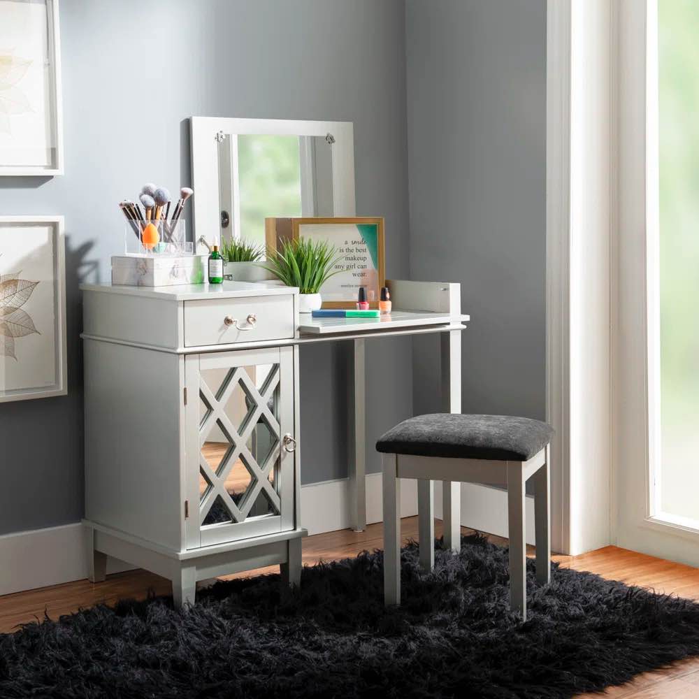 Depuy Contemporary Vanity Set with Mirror and Padded Matching Stool