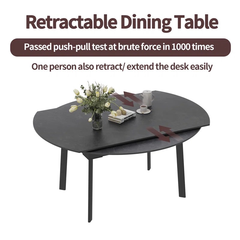 Sandar Round Extendable Dining Table for 4-6 with Sintered Stone Tabletop Steel Legs Base