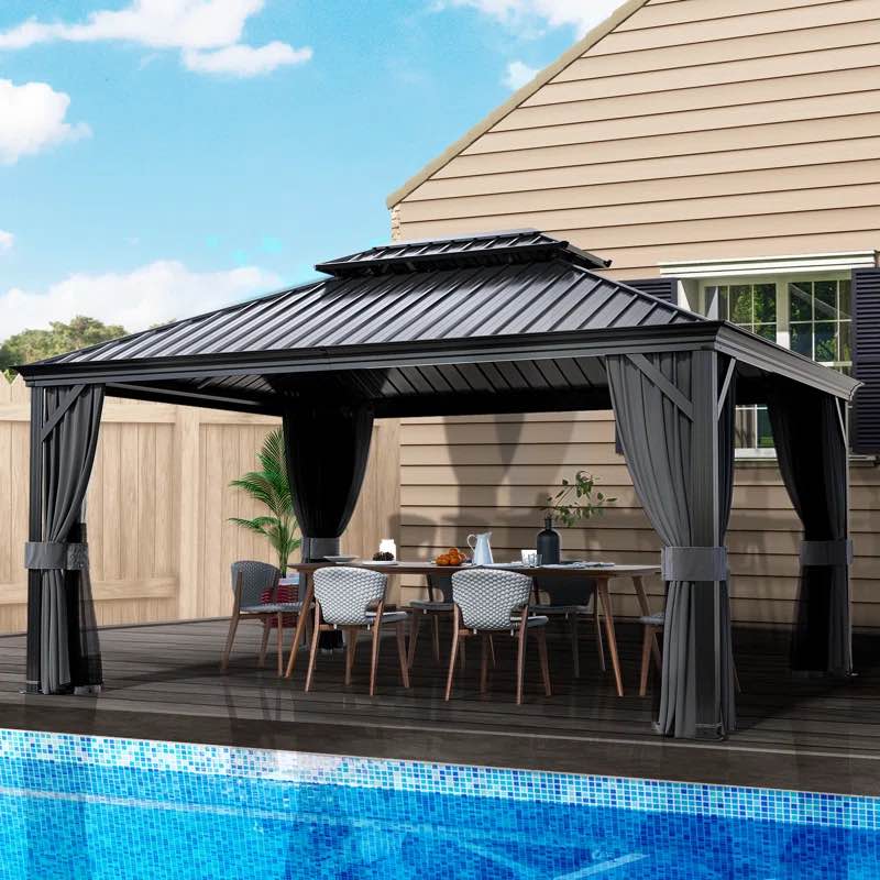 12 Ft. W x 16 Ft. D Hardtop Double-Roofed Aluminum Patio Gazebo INCOMPLETE ( box 2 of 4) 