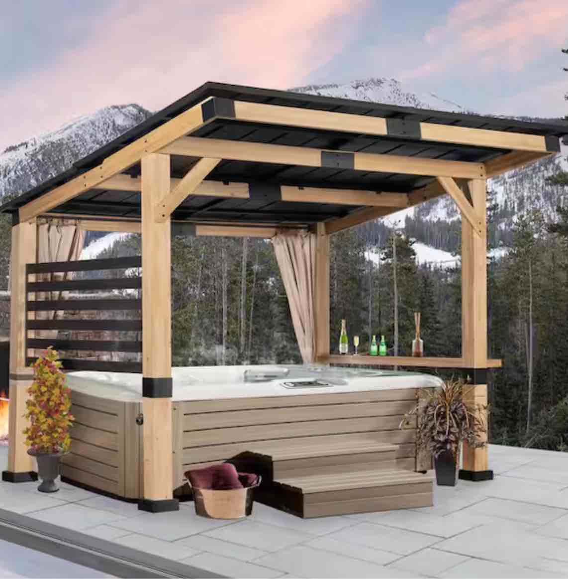 12 ft. x 10 ft. Solid Cedar Wood Outdoor Patio Gazebo with Galvanized Steel Roof, Privacy Curtain and Ceiling Hook INCOMPLETE ( box 4 of 4) 
