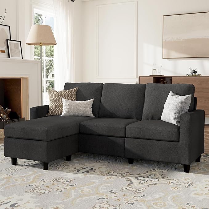 HONBAY Convertible Sectional Sofa, L Shaped Couch with Reversible Chaise for Small Space, Black (Incomplete//Only Box B) 