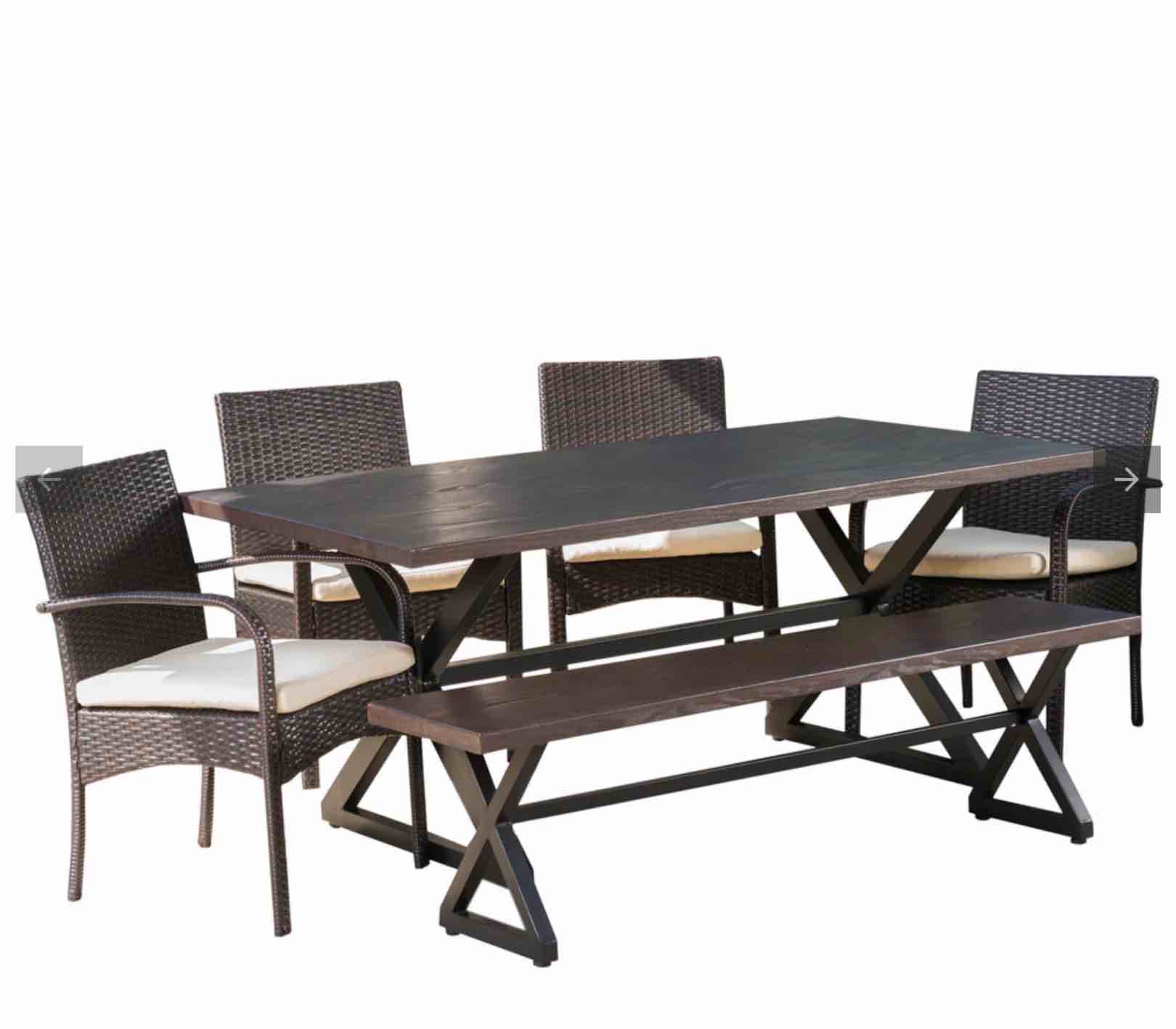 Palermo Outdoor 6 Piece Brown Aluminum Dining Set With Bench And Multibrown Wicker Dining Chairs With Crème Water Resistant Cushions, (incomplete, Box 5 Of 5) 