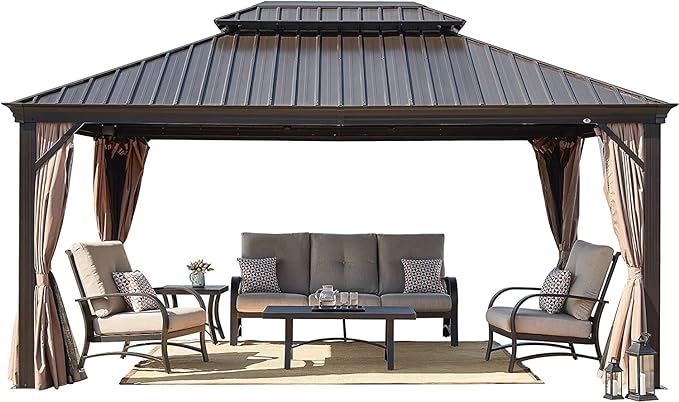 12' x 16' Patio Hardtop Gazebo Outdoor Non-Rust Aluminum Permanent Pergola Shelter Tent with Galvanized Steel Canopy Roof, Mosquito Netting and Privacy Curtain (Incomplete//Box 1 Of 4) 