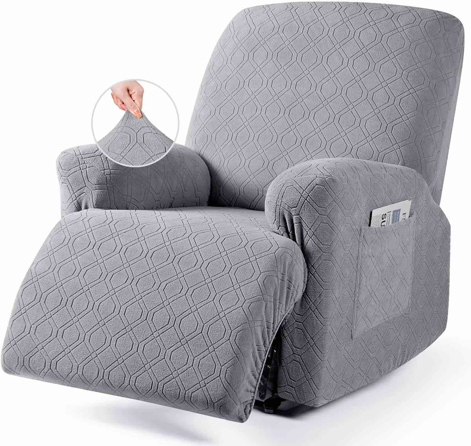VANSOFY Oversized Recliner Chair Cover, 4-Pieces Stretch Recliner Covers for Recliner Chair Soft Reclining Chair Slipcover Jacquard Pattern Furniture Protector for Dogs Cats(Light Gray)