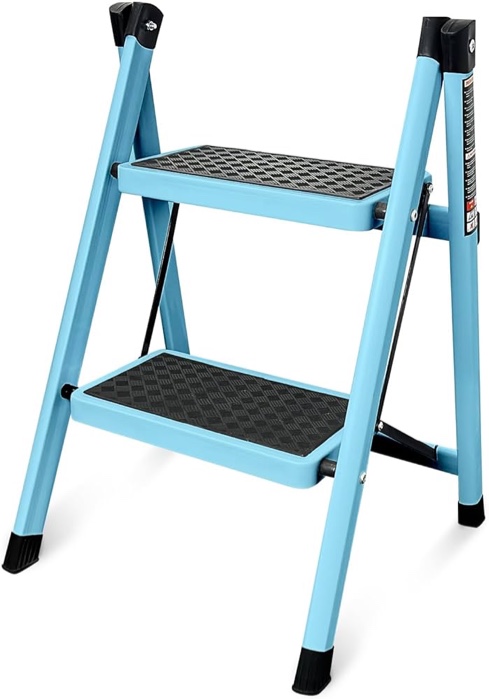 Krightlink Step Ladder, Folding Step Stool with Wide Platform Steps, Portable Folding Heavy-Duty Steel Sturdy Ladder for Adults Multi-Use for Home and Kitchen - Blue (2 Step)