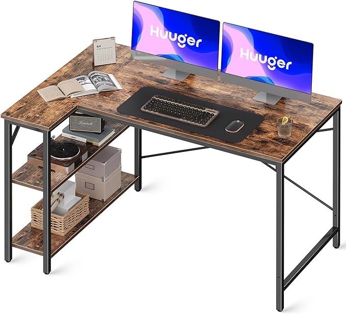 L Shaped Computer Desk with Reversible Storage Shelves, Gaming Corner Desk for Home Office, Writing Study Desk with Metal Frame, Rustic Brown