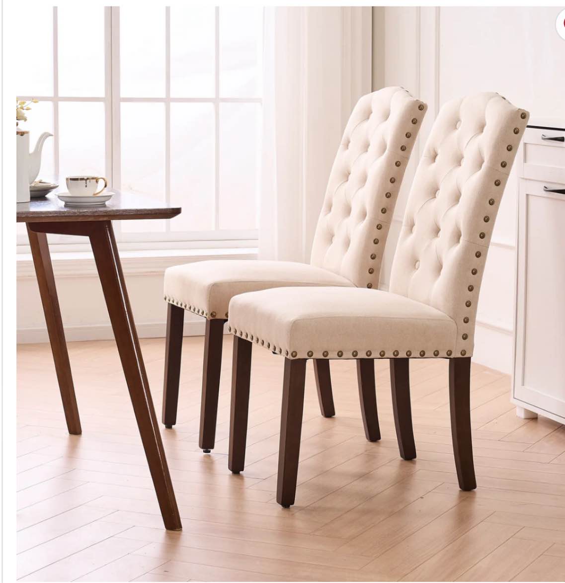 Fabric Upholstered Tufted High Back Dining Chairs with Nailhead Trim Set of 2