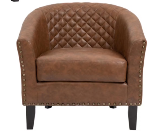 Mid-Century Brown Solid Wood Legs PU Leather Upholstered Accent Barrel Chair With Nailhead Trim