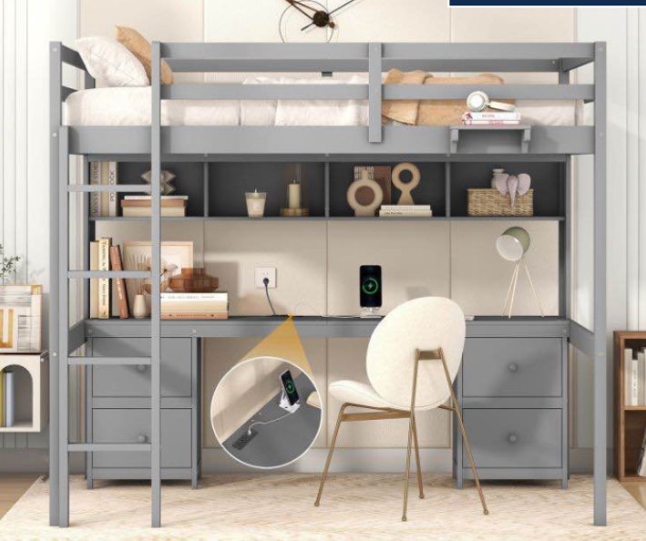 Full Loft Bed w/ Desk, Cabinets, Drawers(incomplete box 2/2)
