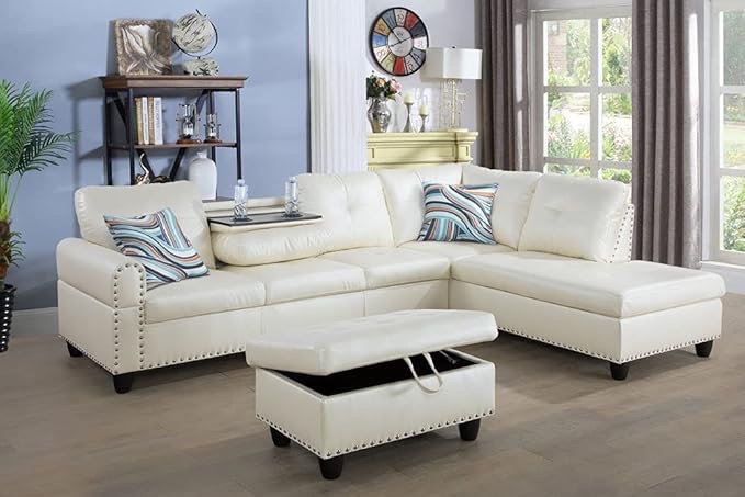 Modern Sofa Set Furniture Sofa Set Multifunctional Back Cushion & Ottoman Storage Chair (Right Facing, Ivory)(incomplete chaise only)