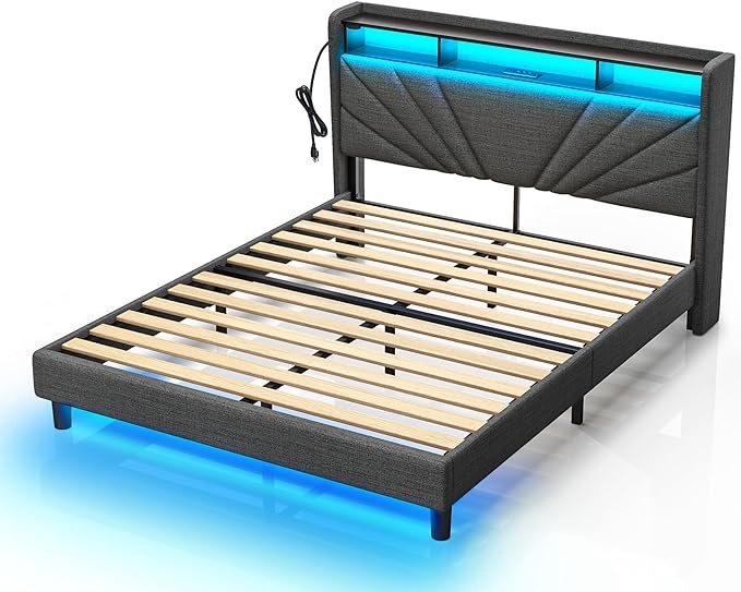 Rolanstar Full Size Bed Frame, Storage Headboard with Charging Station and LED Lights, Upholstered Bed with Heavy Duty Wood Slats, No Box Spring Needed, Noise Free, Easy Assembly, Dark Grey(incomplete)