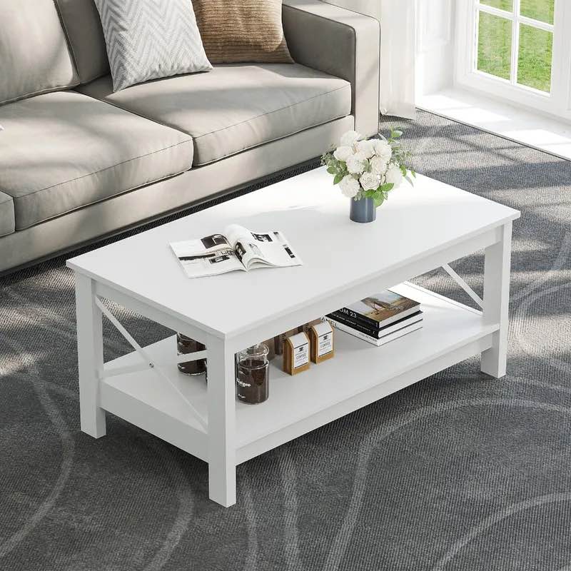 Coffee Table with Storage Rectangular in White for Living Room