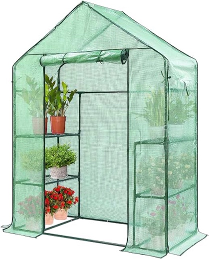 Mini Walk-in Greenhouse for Outdoors, 2 Tiers 8 Shelves, 57x61x80 Inch with Observation Windows and Roll-up Door Zipper, Plant Garden Hot House for Plants, Herbs, Flowers