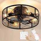 NEWORB Caged Ceiling Fan with Lights Remote Control Black Industrial Low Profile Small Ceiling Fan Vintage Farmhouse FCC Listd 35W Quiet Reversible 6-Speed 1-4 Timer