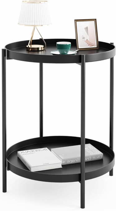 Fixwal 2 Tier Round End Table, Metal Side Table Black End Table Sofa Small Table with Removable Tray for Living Room Bedroom Balcony Patio and Office