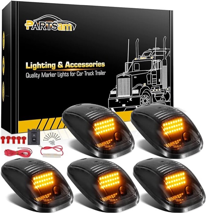 Partsam 5X Amber 24 LED Smoke Cab Roof Running Top Marker Lights 264146BK Assembly Wire Harness Replacement for 1500 2500 3500 4500 5500 2003-2018 Pickup Trucks