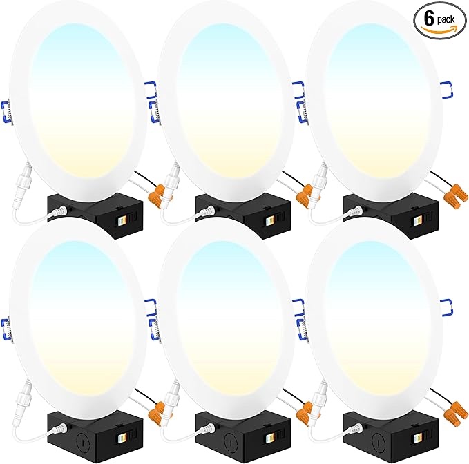 Sunco 6 Pack 8 Inch Ultra Thin LED Recessed Ceiling Lights Slim Selectable 2700K/3000K/3500K/4000K/5000K, Dimmable 18W, Canless Wafer Thin with Jbox, ETL Energy Star 5 CCT in One (2700K, 3000K, 3500K, 4000K, 5000K) 8 inch