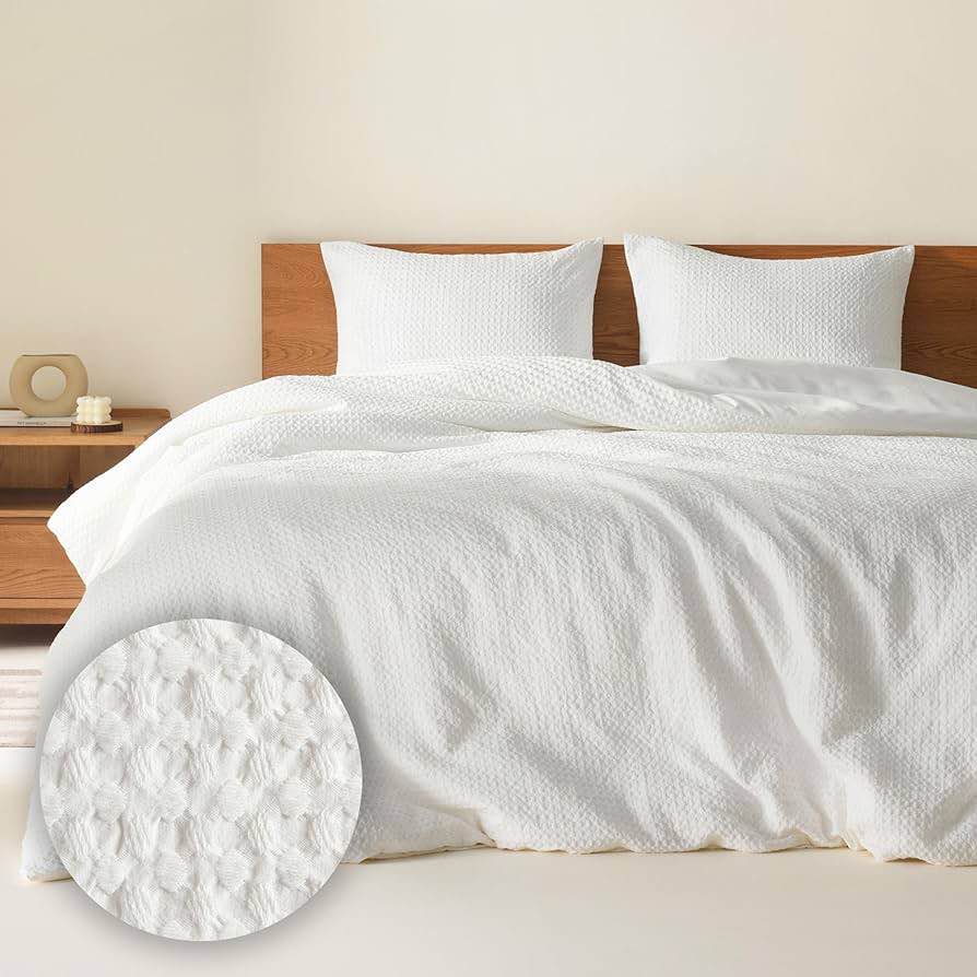 Comfort Spaces white Queen Comforter Set - 3 Pieces Breathable Waffle Dobby Weave Texture Comforter Sets, Modern Farmhouse Boho Comforter & Shams, All Season Microfiber Queen Bed Set, Full/Queen