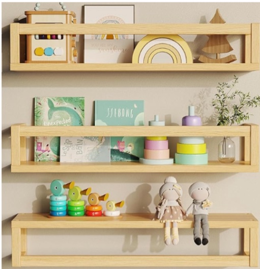 TidyCorner Floating Shelves for Wall, Nursery Book Shelves 4.72 inches Wide Set of 3, Wall Mounted Bookshelf for Kids Room Decor, Floating Shelves for Kitchen Spice Rack(Natural Wood)