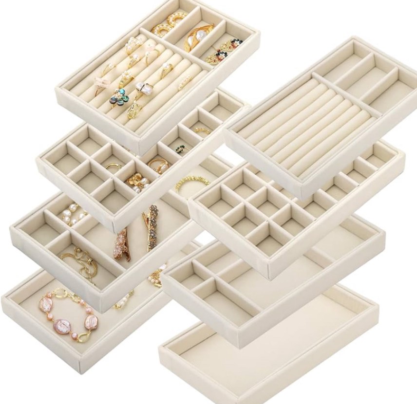 Elsjoy Set of 8 Velvet Jewelry Tray, Drawer Insert Divided Storage Holder Stackable Jewelry Organizer, Necklace Bracelet Display Tray for Earring, Ring, Brooch, Watch, 8.3"x5"x1" Beige 4 Styles