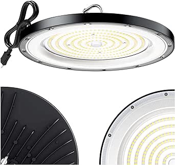 EdisonPar LED High Bay Light, 15' UFO Ceiling Lighting Fixture w/Plug for Garage Shop Warehouse Workshop 200W 5000k 20000lm Non-dimmable IP65 (Count of 1Black)