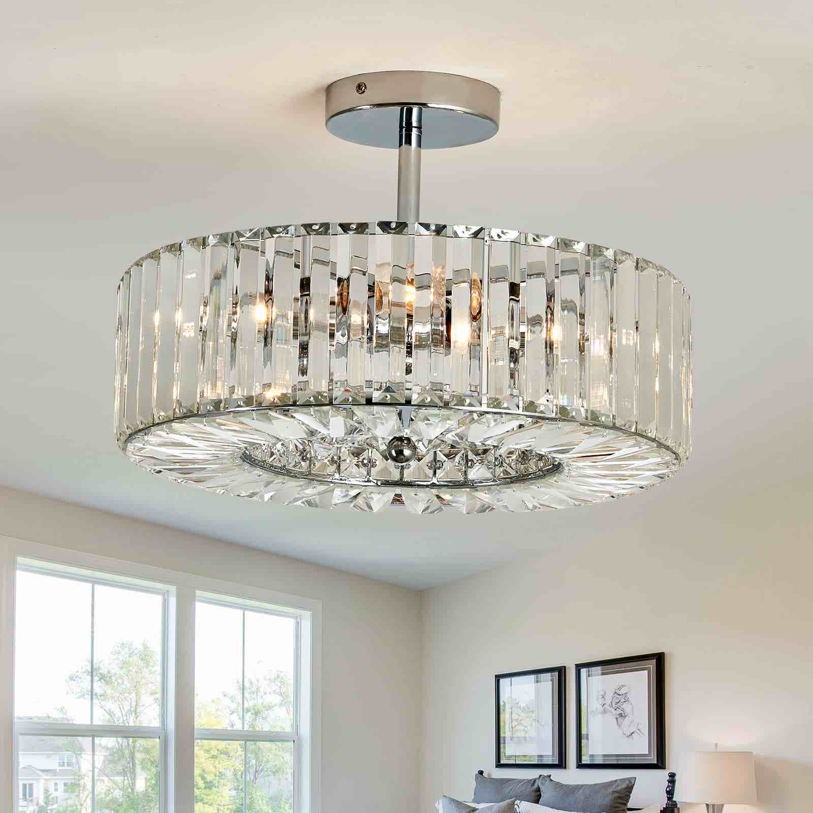 DAFKOS 4 Lights Modern Crystal Chandelier Chrome Round Semi Flush Mount Ceiling Light Fixture Farmhouse Chandelier for Dinning Room Living Room Bedroom Hallway Entryway Kitchen Silver