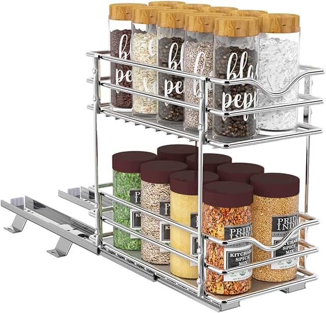 OCG 2 Tier Pull Out Spice Rack Organizer?6.3" W x 10.4" D? for Cabinet, Slide Out Seasoning Organizer Fits Spices, Sauces, Cans etc 6.3"W10"D,2 TIER