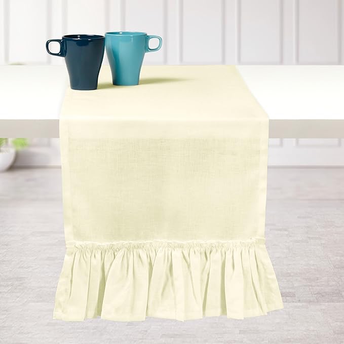 D'Moksha Homes Linen Table Runner 72 Inches Long - 100% Pure Linen Ruffle  White Table Runner 14 x 72 Inch - Machine Washable Dining Table Runner for Summer 14 X 72 Inch  White