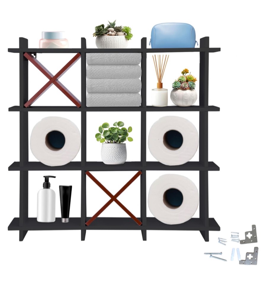 Tic Tac Toe Toilet Paper Holder Stand Rustic Wooden Toilet Paper Storage Bathroom Hanging Storage Freestanding Wall Mounted Shelves Wall Decor for Toilet Tissue Farmhouse Decor (Black)