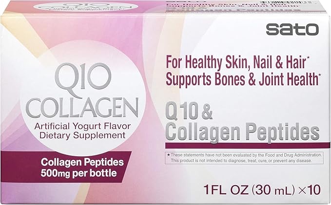 (best. before oct 24)Sato Q10 & Collagen Peptides, for Healthy Skin, Nail& Hair, Supports Bones& Joint Health, 500 mg per Bottle, 1 Fl oz. x 10, 10 Fl Ounce, Made in Japan (Pack of 1) Yoghurt