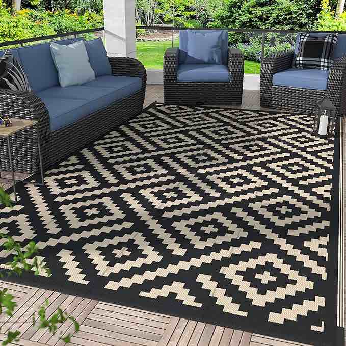 GENIMO Outdoor Rugs 8x10 Waterproof, Reversible Mats, Area Plastic Straw Rug, Outside Carpet, Geometric Rv Mat for Patio Camping Rv Picnic Backyard Deck Balcony Porch Beach (Black & Beige)