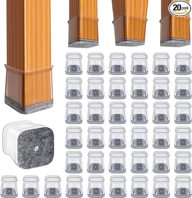 Chair Leg Floor Protectors Square Chair Leg Protectors for Hardwood Floors 40Pcs Silicone Covers to Protect Floors Square (Clear-L Fit 1.1"-1.5")