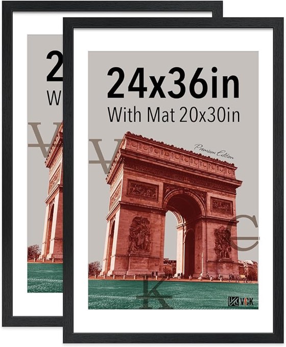 VCK 24x36 Poster Frame black- with Mat 20x30, Textured Exclusive Solid Wood Picture Frame, Horizontal and Vertical Formats with Included Hanging Hardware - 2 Pack