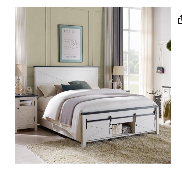 JXQTLINGMU Farmhouse Wood Bed Frame Full Size with Sliding Barn Door Storage Cabinets and Headboard, Solid Wood Slats Support, Noiseless, No Box Spring Needed, White ( incomplete box A)