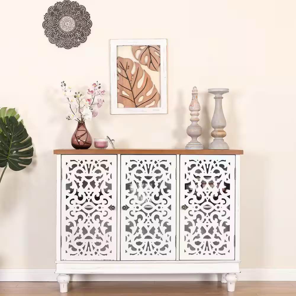 White Hollow-Carved Cabinet with 3-Door