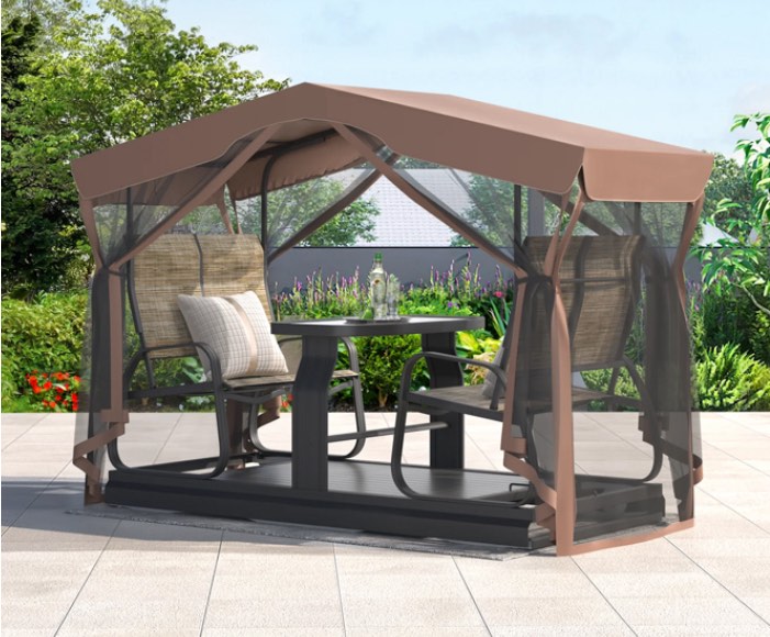 EROMMY 4-Seat Outdoor Glider Benches With Canopy, Retro Metal Glider Chair, Porch Swing With Aluminum Frame, Tempered Glass Tabletop ( incomplete box 1/3)