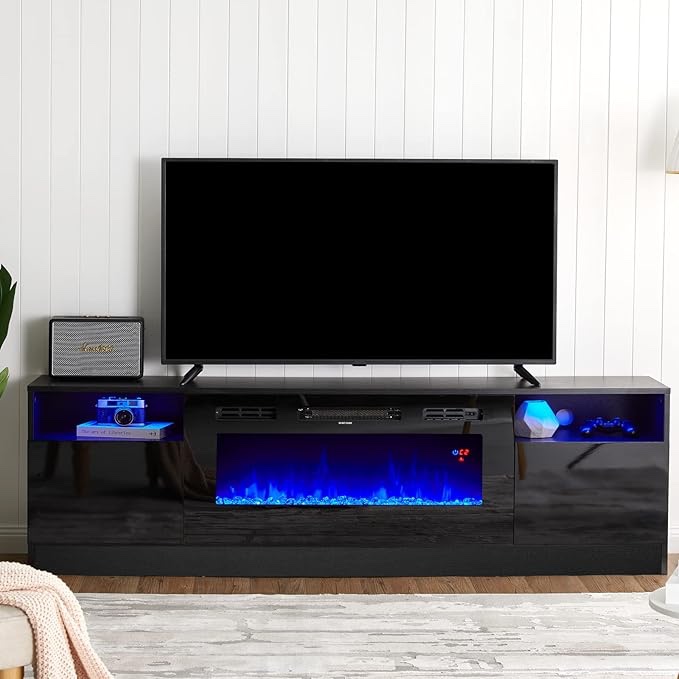 AMERLIFE Fireplace TV Stand with 36" Electric Fireplace, LED Light Entertainment Center, Modern Wood Texture Entertainment Stand with Highlight Storage ( incomplete box A of B) 