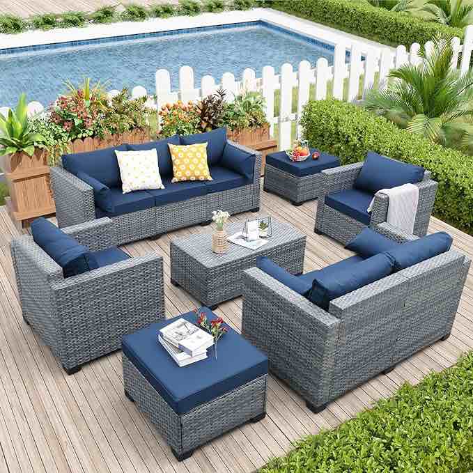 7 Piece Wicker Patio Furniture Sets Outdoor Conversation Set, PE Rattan Sectional Sofa Couch with Storage Table and Non-Slip Navy Blue Cushions, Furniture Covers Included (incomplete only loveseat)(similar)