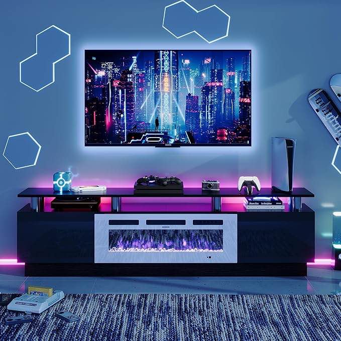 Fireplace TV Stand with 36” Electric Fireplace, 70” 2 Tier TV Console Stand for TVs Up to 80", LED Light Entertainment Center, Fireplace for The Living Room TV Stand, Black ( similar);incomplete box 1/2