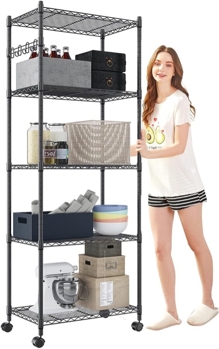 Devo 5-Tier Shelf Storage Shelves, Metal Shelves for Storage, Wire Shelving Unit, Adjustable Shelves Organizer for Garage, Pantry, kitchen, Side Hooks, Black