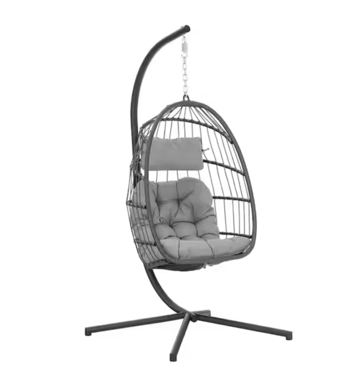1-Person Wicker Patio Swing Egg Chair with Gray Cushions