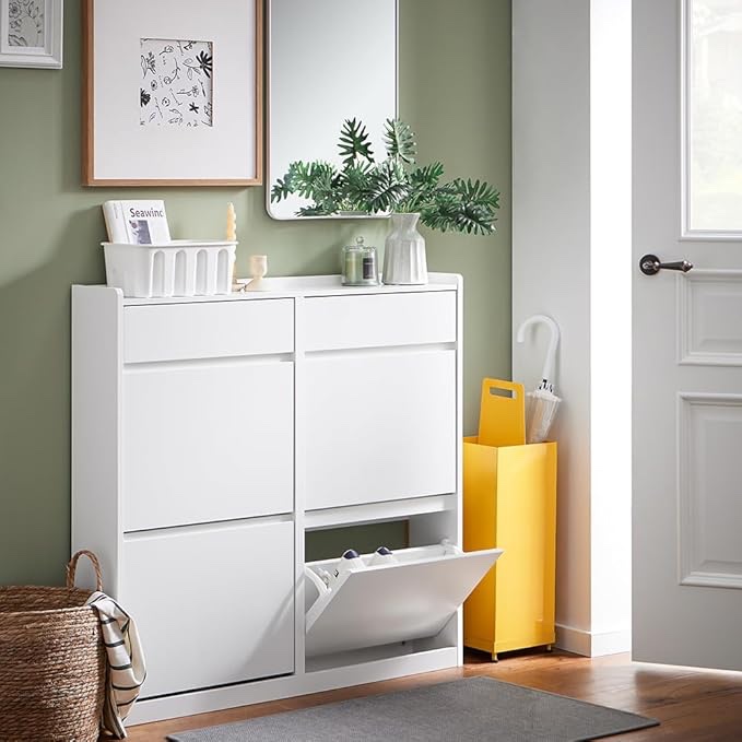 SoBuy White Shoe Cabinet with 6 Drawers, Freestanding Shoe Rack for Entryway, Hallway, Narrow Shoe Organiazer, Morden, FSR169-W