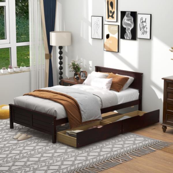 Total Tactic HU10561CF-F Full Size Bed Frame With Storage Drawers & Solid Wood Headboard, Espresso