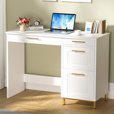 Catrimown White Desk with Drawers, 43'' White and Gold Desk with 4 Drawers, Home Office Writing Desk with Gold Handles and Feet, White Vanity Desk for Bedroom Small Space Office
